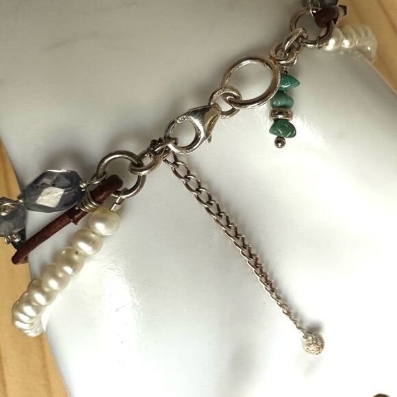 Sterling Silver Labradorite, Lapis, Pearl & Leather multi strand Bracelet - Picture 5 of 9